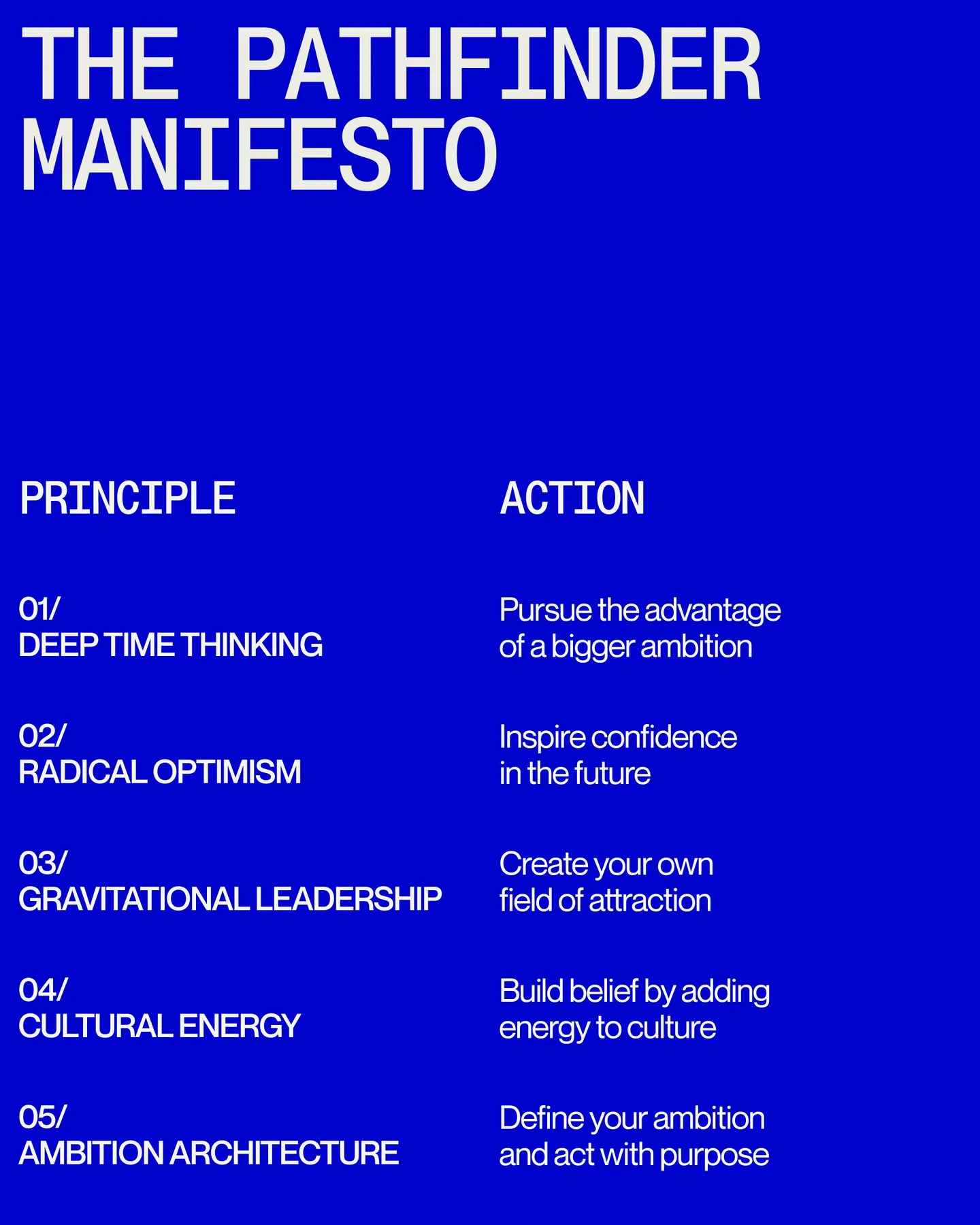 Page 28 of 29. THE PATHFINDER MANIFESTO PRINCIPLE ACTION 01/ Pursue the advantage Deep Time Thinking of a bigger ambition 02/ Inspire confidence Radical Optimism in the future 03/ Create your own Gravitational Leadership field of attraction 04/ Build belief by adding Cultural Energy energy to culture 05/ Define your ambition Ambition Architecture and act with purpose