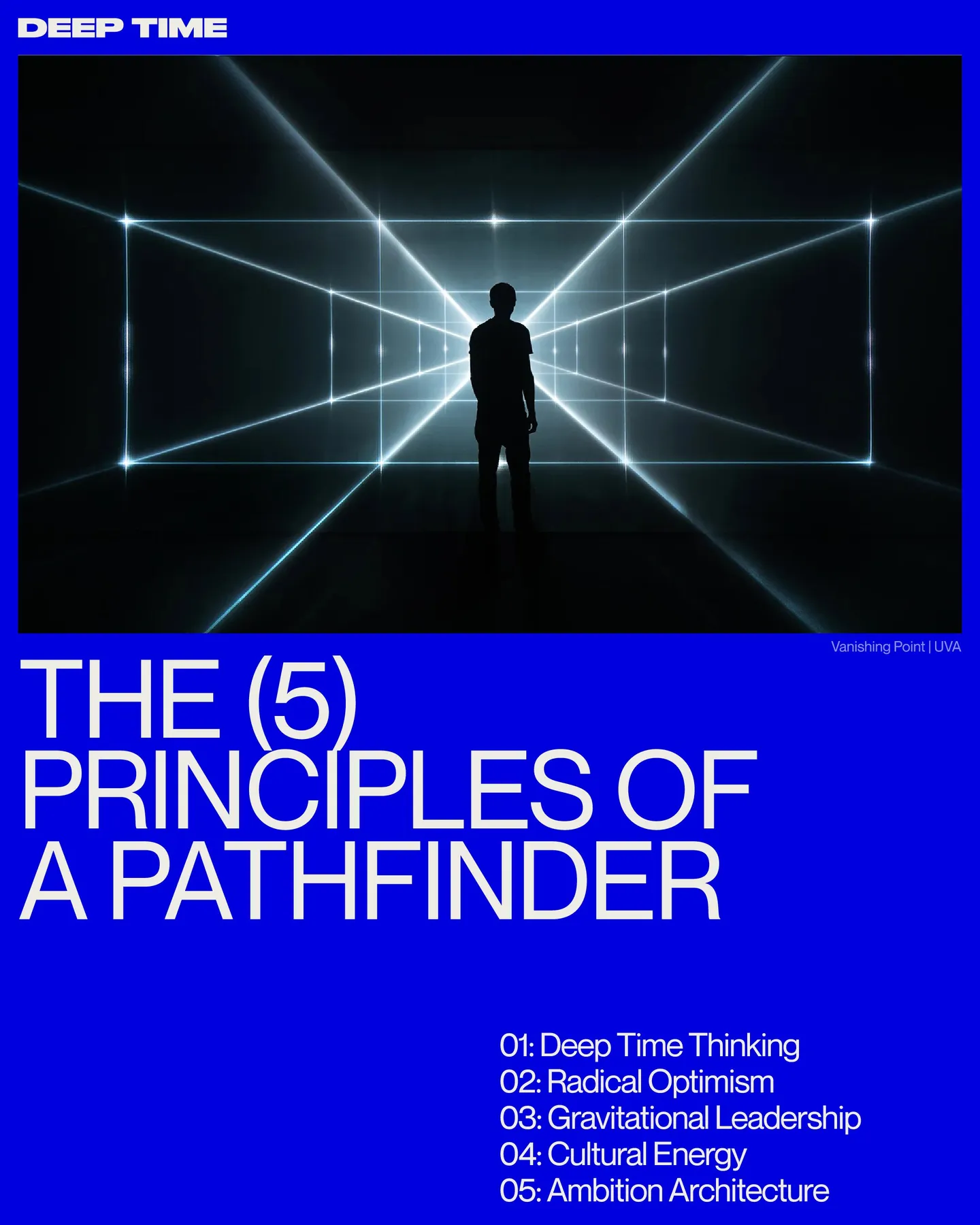 Page 5 of 29. The (5) principles of a Pathfinder. 01: Deep Time Thinking. 02: Radical Optimism. 03: Gravitational Leadership. 04: Cultural Energy. 05: Ambition Architecture. Image: Vanishing Point by UVA.
